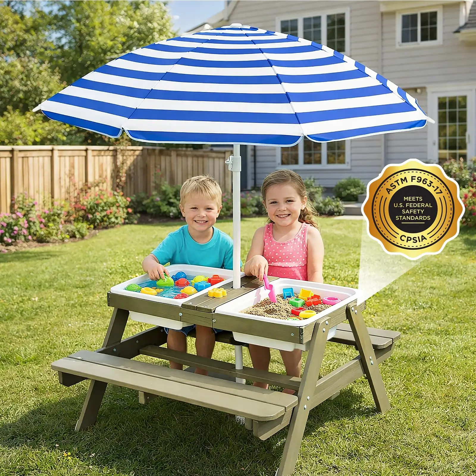 Wooden 4-in-1 Picnic Table – Kids Sand & Water Sensory Table with Weatherproof Umbrella, 2 Covered Storage Bins, for Toddlers, B
