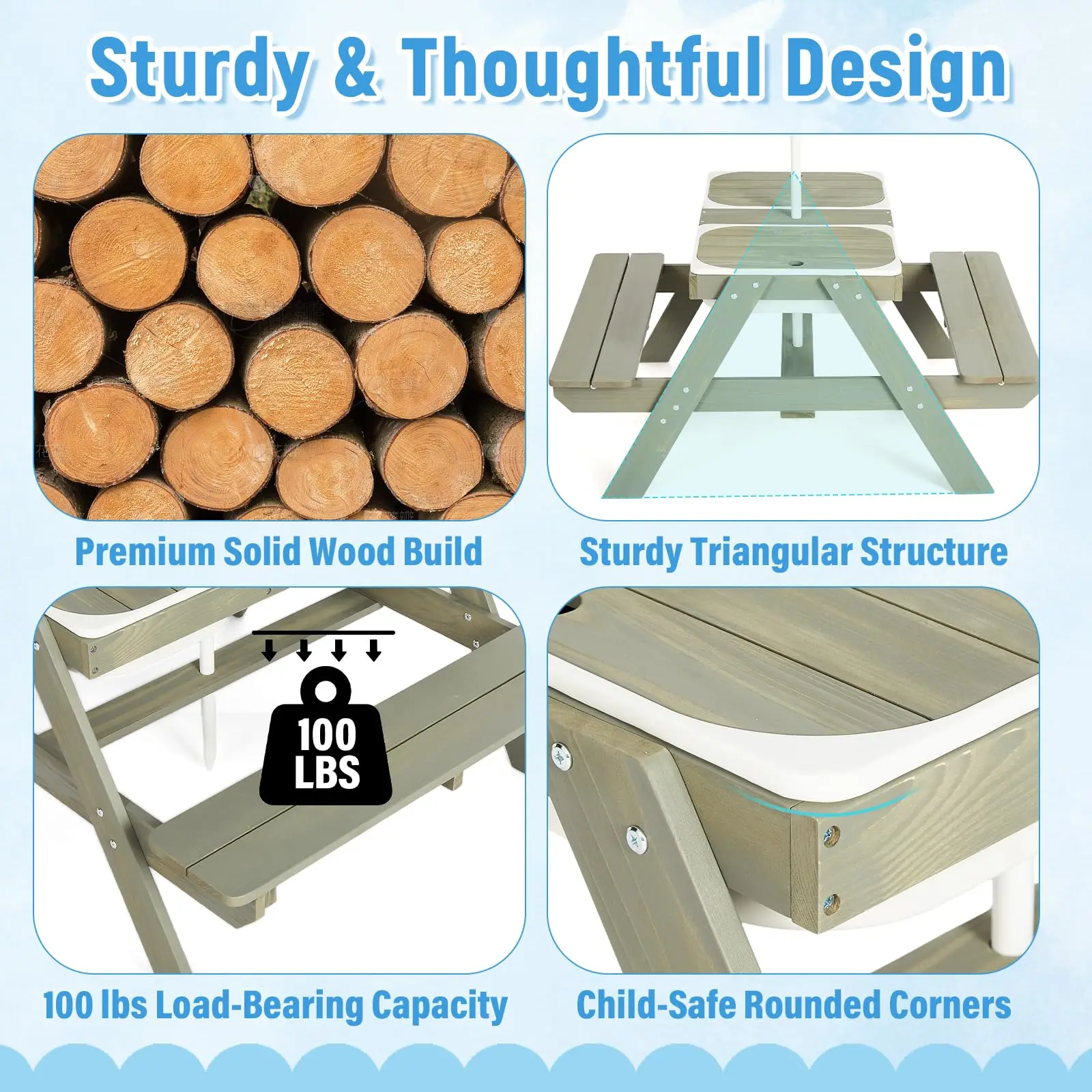 Wooden 4-in-1 Picnic Table – Kids Sand & Water Sensory Table with Weatherproof Umbrella, 2 Covered Storage Bins, for Toddlers, B