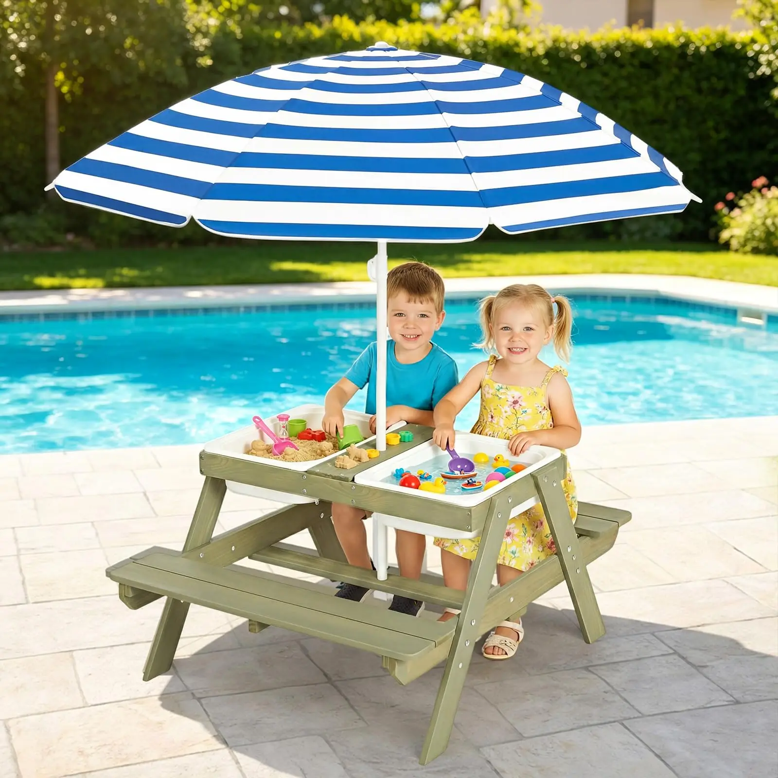 Wooden 4-in-1 Picnic Table – Kids Sand & Water Sensory Table with Weatherproof Umbrella, 2 Covered Storage Bins, for Toddlers, B