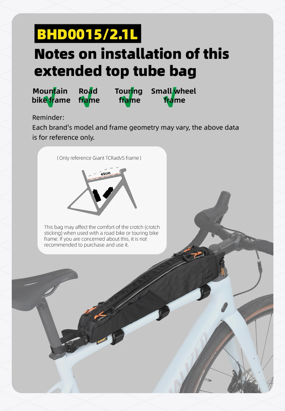 Rhinowalk BIke Extra Long  Top Tube Bag Large Water-Resistant Bikepacking For MTB&Road Bike With 18 Inch Or Larger Frame Length