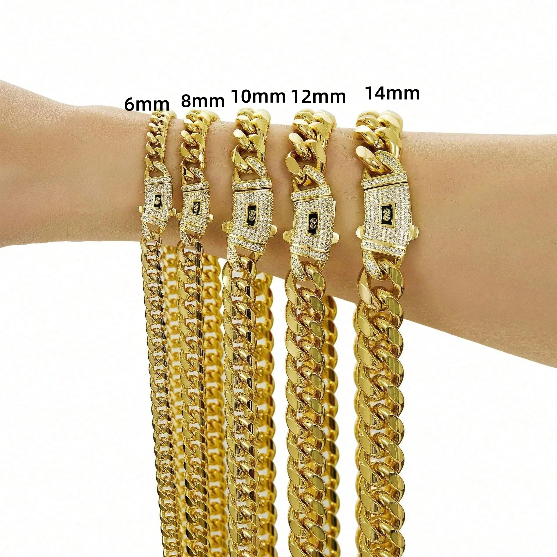 6-14mm Bling Gold Color Stainless Steel Cuban Miami Chains Necklaces CZ Zircon Box Lock Link Chain for Men Hip Hop Rock jewelry