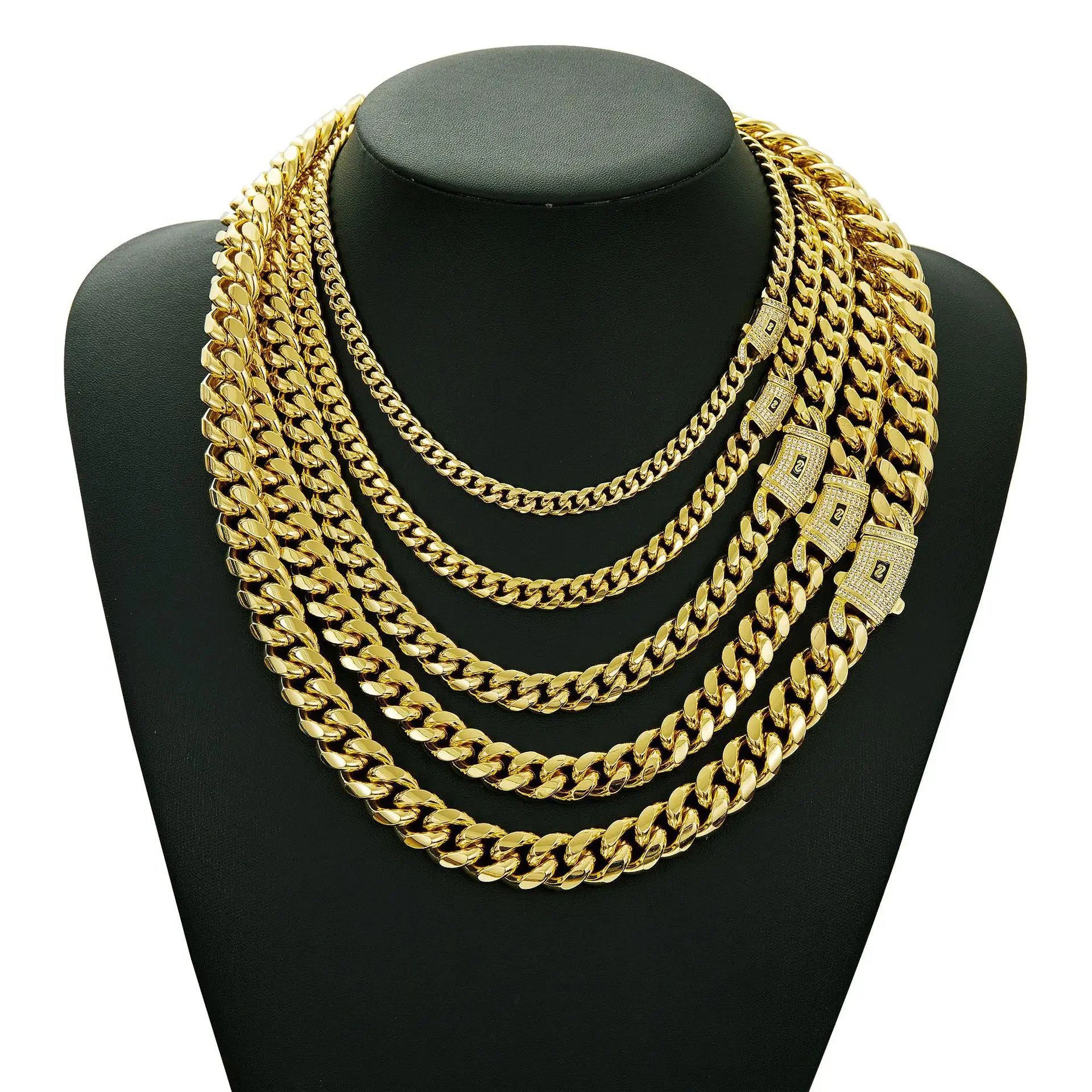 6-14mm Bling Gold Color Stainless Steel Cuban Miami Chains Necklaces CZ Zircon Box Lock Link Chain for Men Hip Hop Rock jewelry