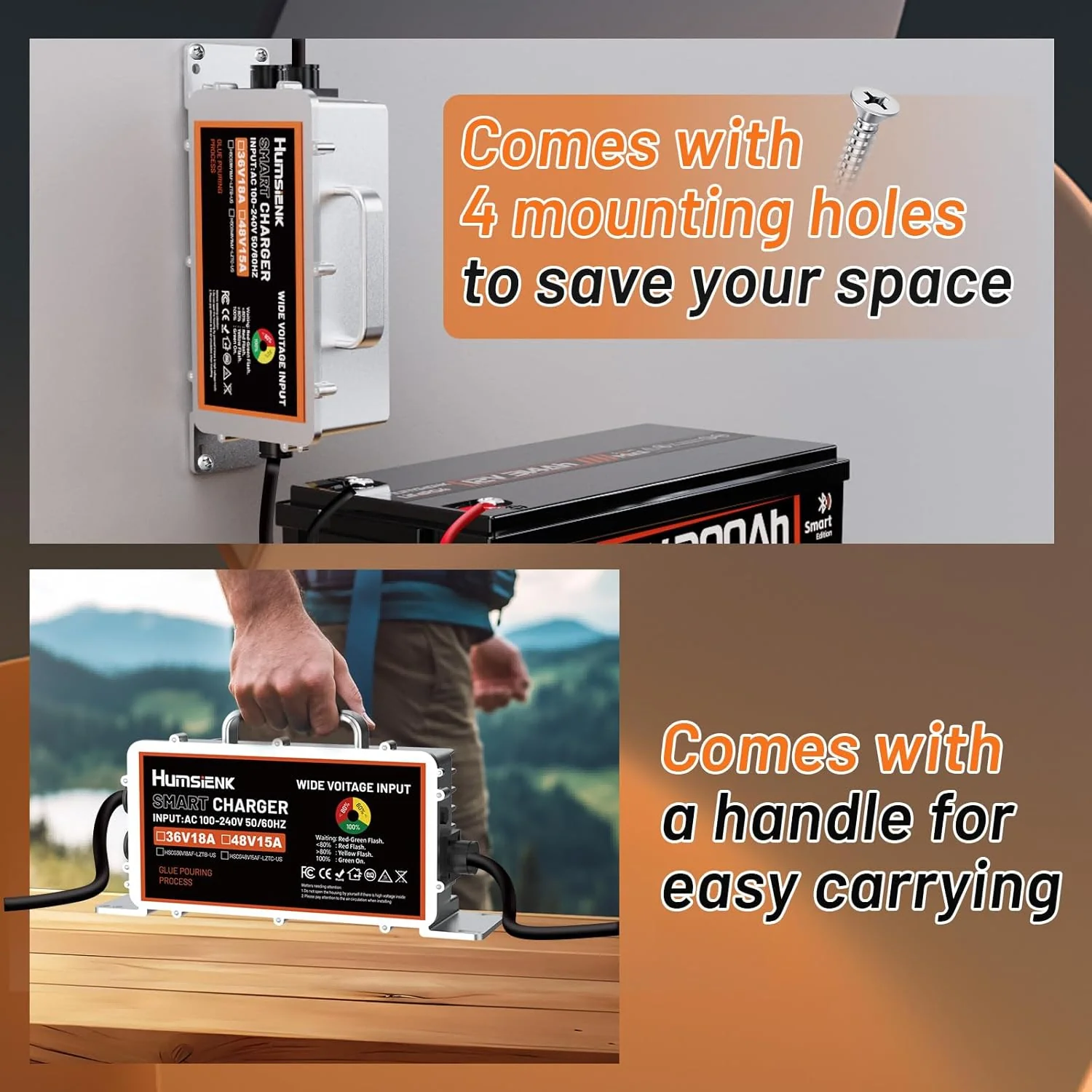 Humsienk 12V 20A 60A/ 24V 15A/ 48V 15A LiFePO4 Battery Charger Multiple Protection Functions For Golf Cart Boat RV Off-Grid
