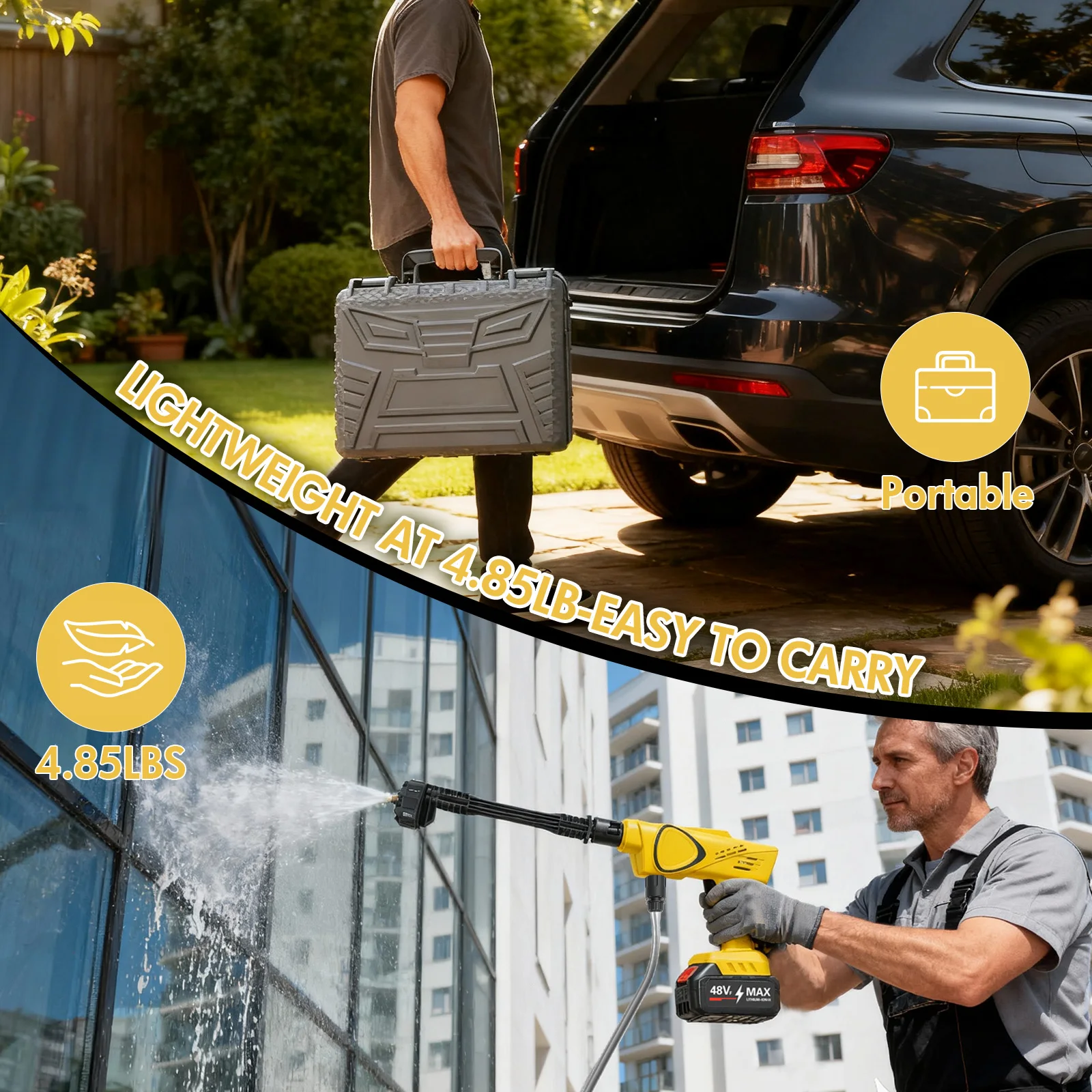 Cordless Electric High-Pressure Cleaner Washer Water Spray Gun Brushless 970PSI with 6-in-1 Nozzle 21V 4.0Ah Battery and Hose