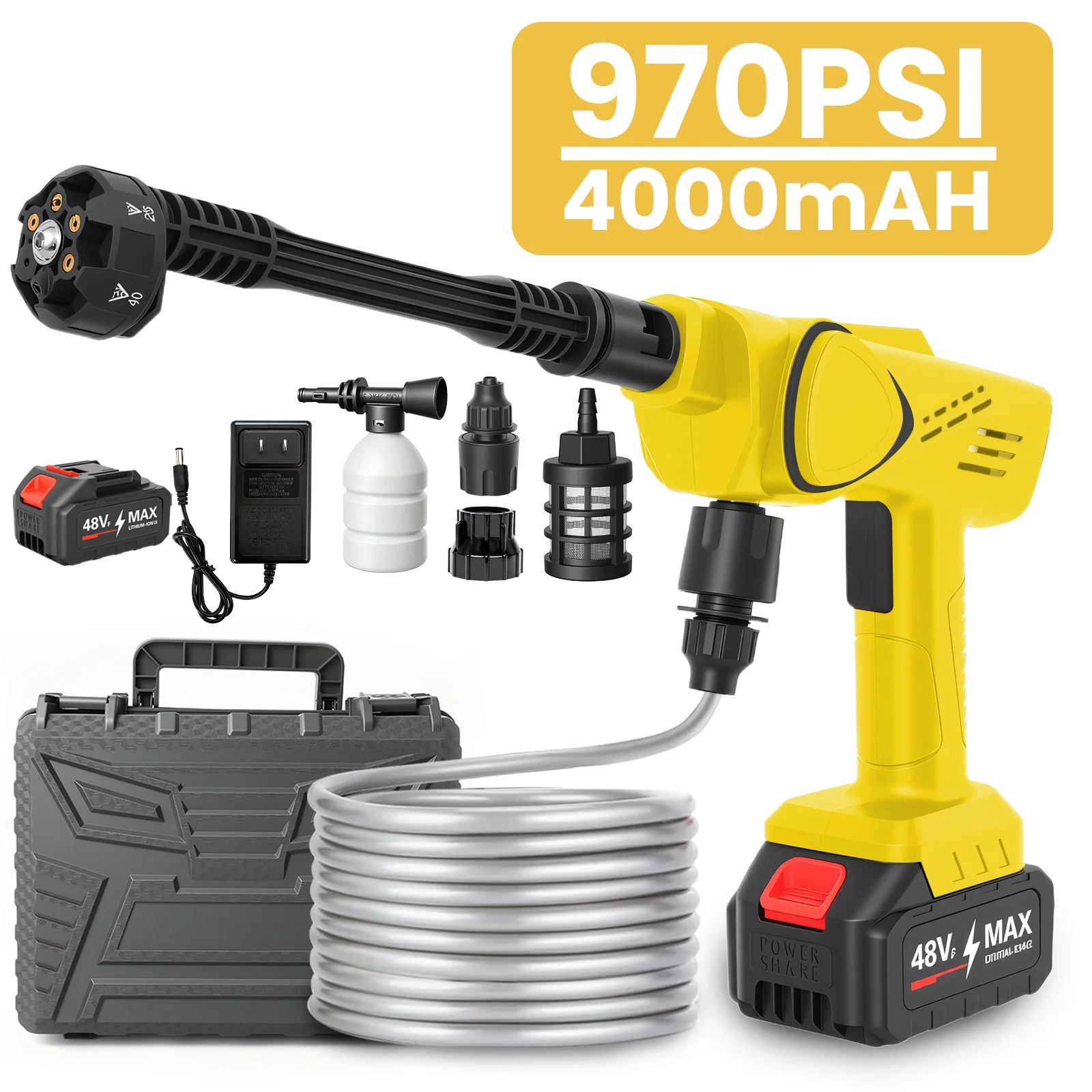 Cordless Electric High-Pressure Cleaner Washer Water Spray Gun Brushless 970PSI with 6-in-1 Nozzle 21V 4.0Ah Battery and Hose