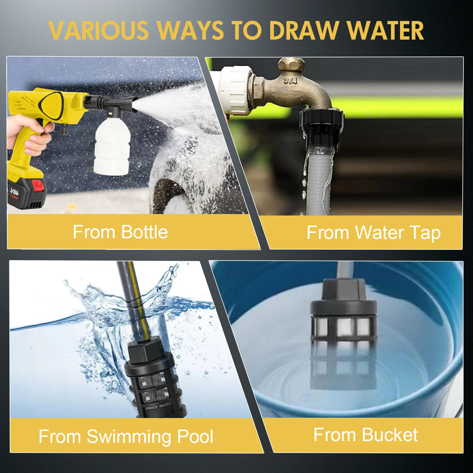 Cordless Electric High-Pressure Cleaner Washer Water Spray Gun Brushless 970PSI with 6-in-1 Nozzle 21V 4.0Ah Battery and Hose