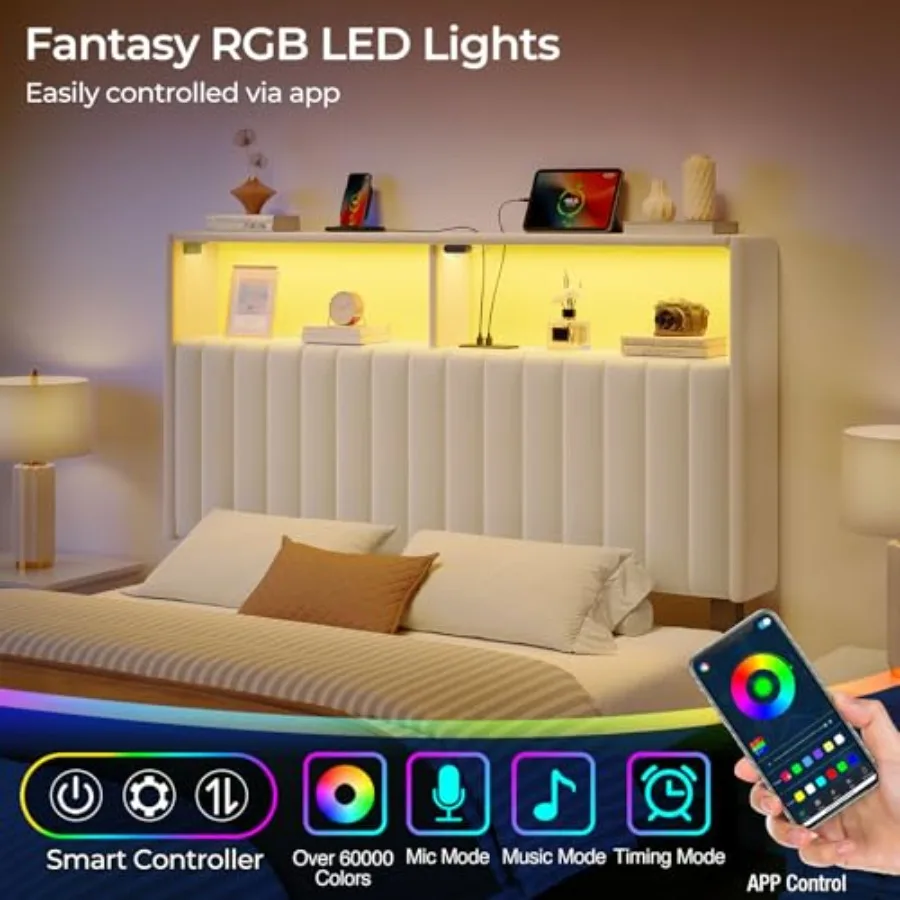 Headboard for Size Bed with Storage 60 000 DIY Color of LED Light Head Board with USB and Type C Port Height Adjustable Velvet
