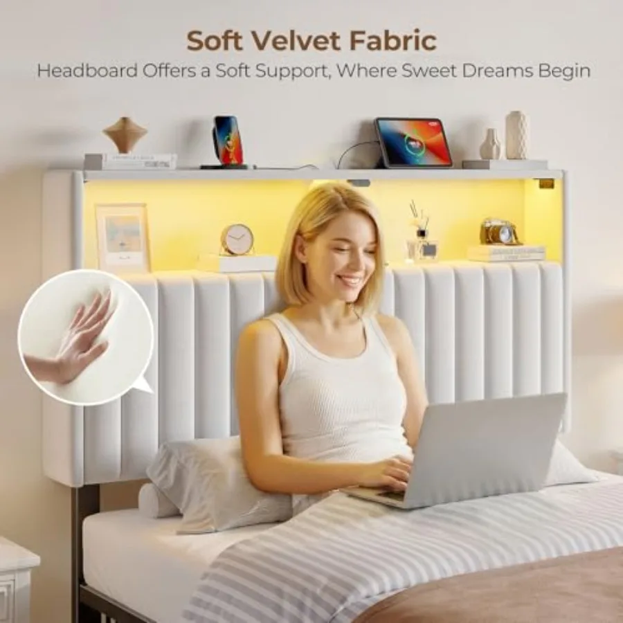 Headboard for Size Bed with Storage 60 000 DIY Color of LED Light Head Board with USB and Type C Port Height Adjustable Velvet