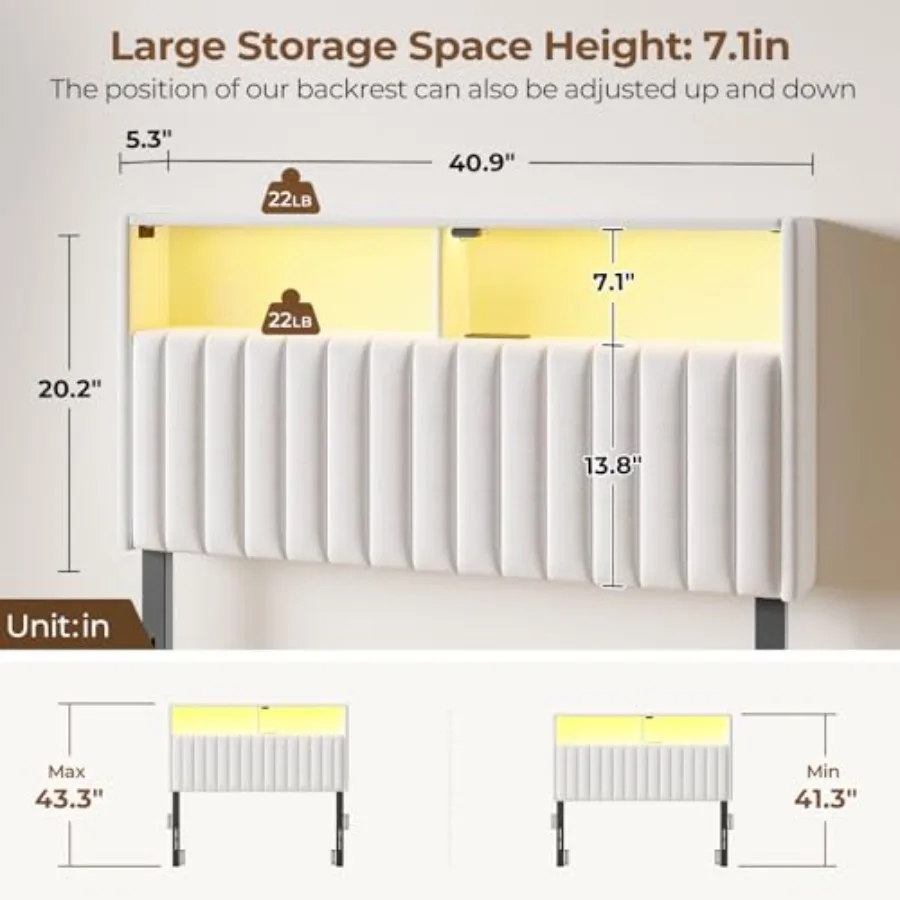 Headboard for Size Bed with Storage 60 000 DIY Color of LED Light Head Board with USB and Type C Port Height Adjustable Velvet