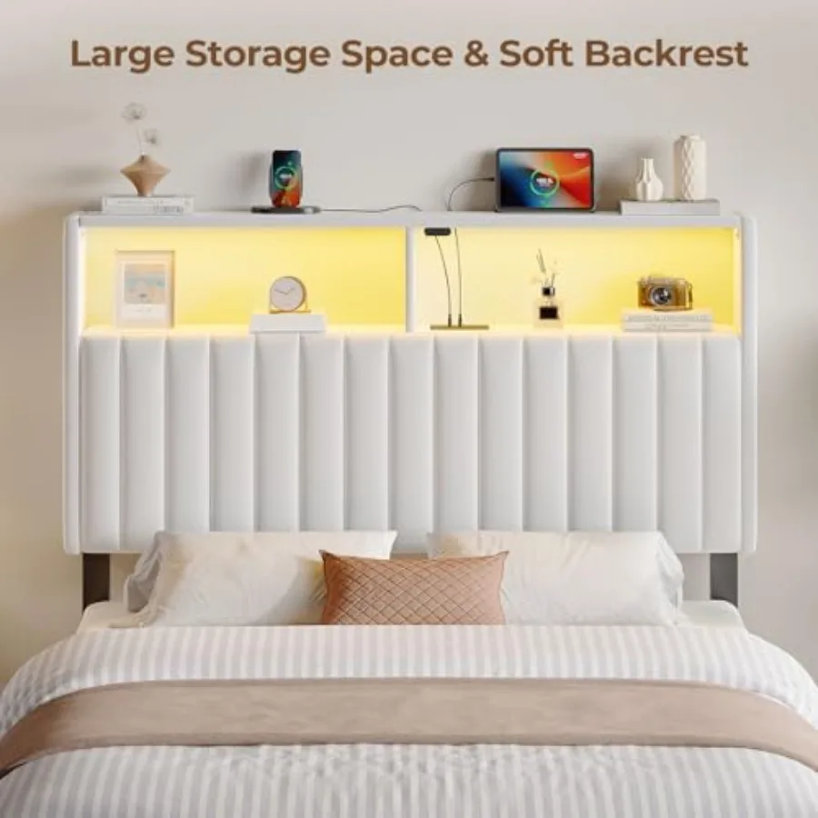 Headboard for Size Bed with Storage 60 000 DIY Color of LED Light Head Board with USB and Type C Port Height Adjustable Velvet