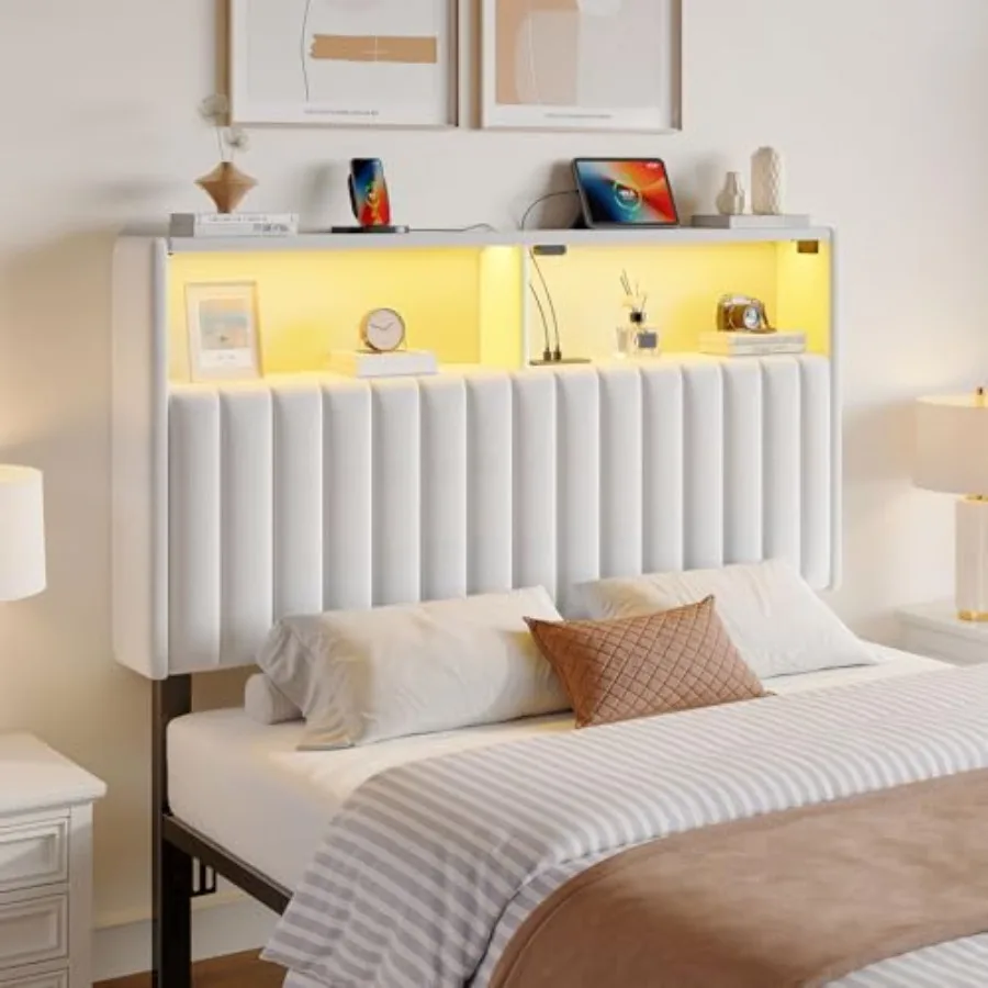Headboard for Size Bed with Storage 60 000 DIY Color of LED Light Head Board with USB and Type C Port Height Adjustable Velvet