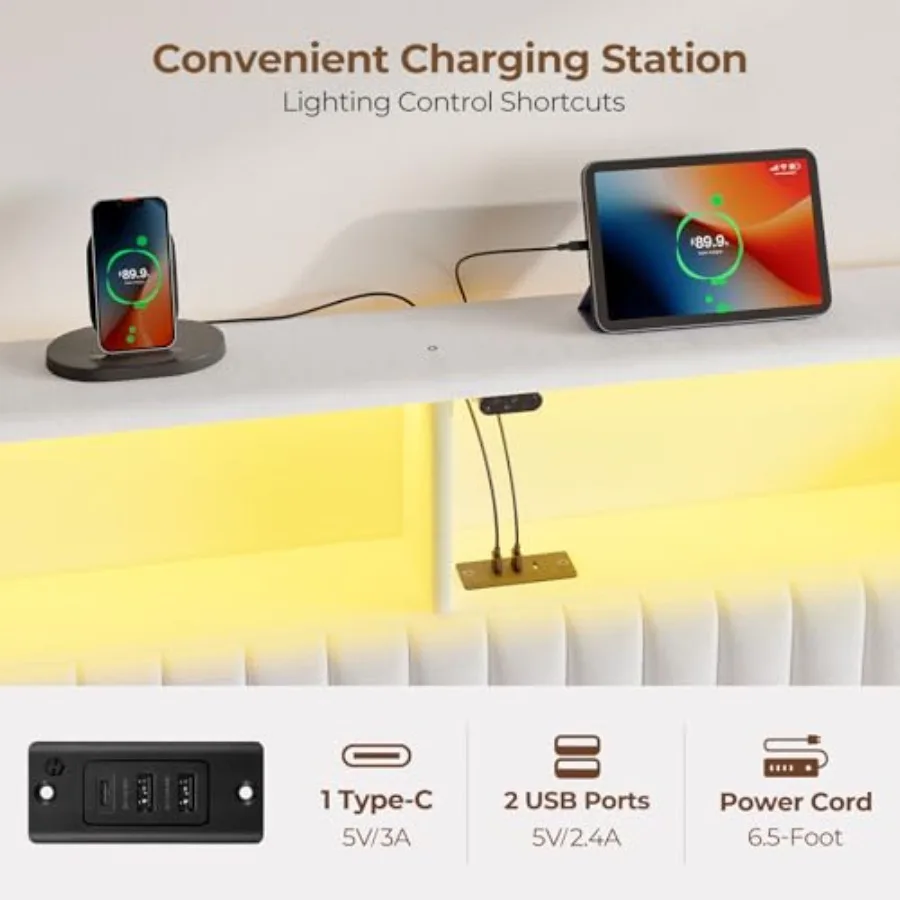 Headboard for Size Bed with Storage 60 000 DIY Color of LED Light Head Board with USB and Type C Port Height Adjustable Velvet