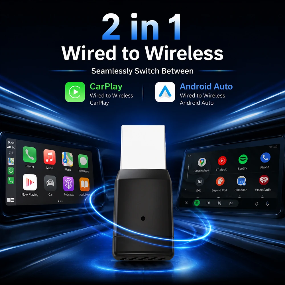 2026 New 2-in-1 Wireless CarPlay & Android Auto Adapter, Wired to Wireless, Plug & Play, Car Smart Dongle, Fit 98% Cars, Bluetooth 5.4+WiFi6, Low Latency, for iPhone & Android
