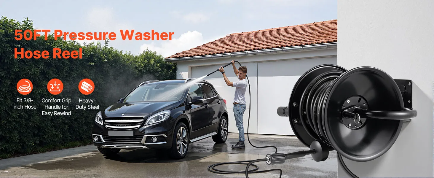 SucceBuy Pressure Washer Hose Reel 50 ftx3/8 in Steel Bracket-Mounted 4000PSI Max Manual Power Hand Crank for Car/Floor Washing