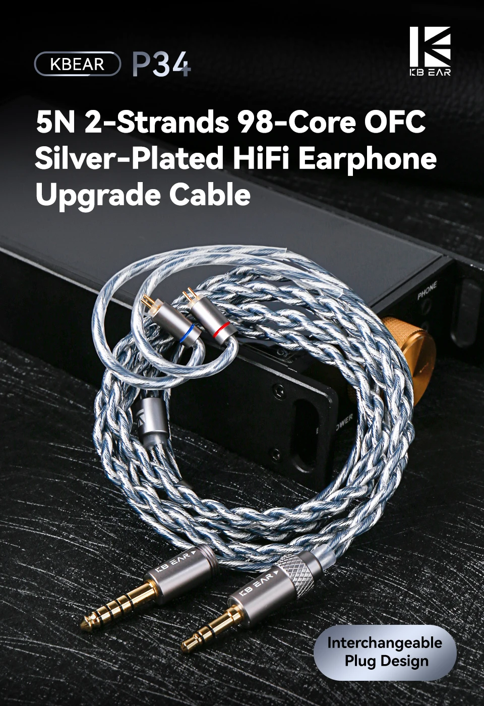 KBEAR P34 HiFi Earphone Upgrade Cable 5N OFC Silver-plated Headphone Cable With Interchangeable Plug Design For Wired Headset