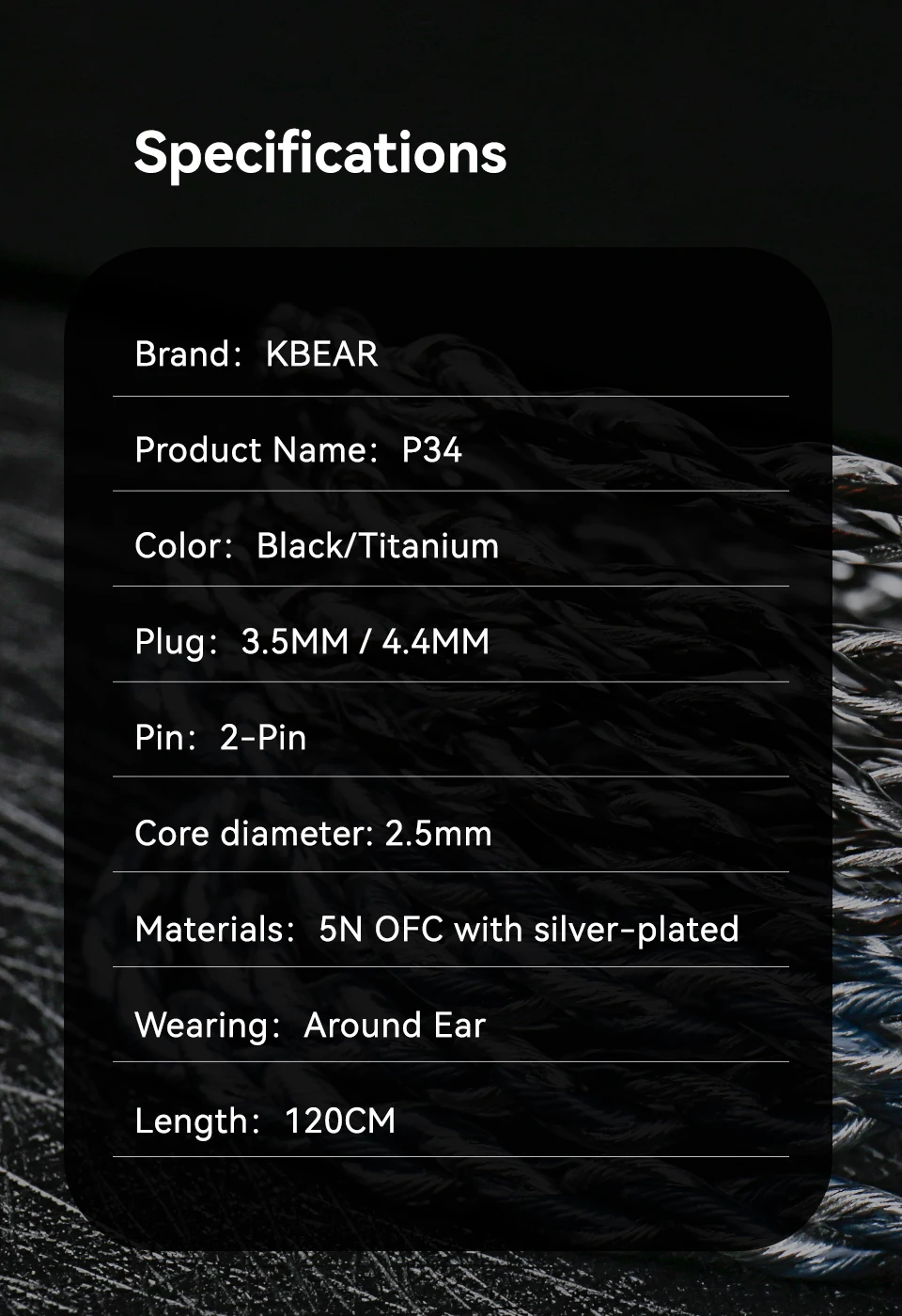 KBEAR P34 HiFi Earphone Upgrade Cable 5N OFC Silver-plated Headphone Cable With Interchangeable Plug Design For Wired Headset
