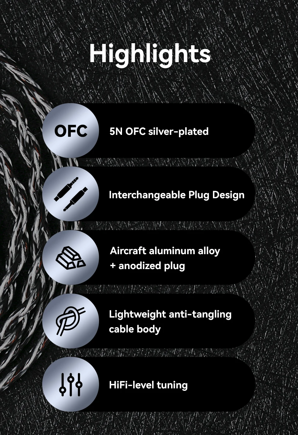 KBEAR P34 HiFi Earphone Upgrade Cable 5N OFC Silver-plated Headphone Cable With Interchangeable Plug Design For Wired Headset