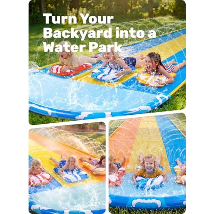 Backyard summer outdoor water slide for kids and adults: 22.5ft x 82in wave-patterned heavy-duty PVC blue includes 3 body board