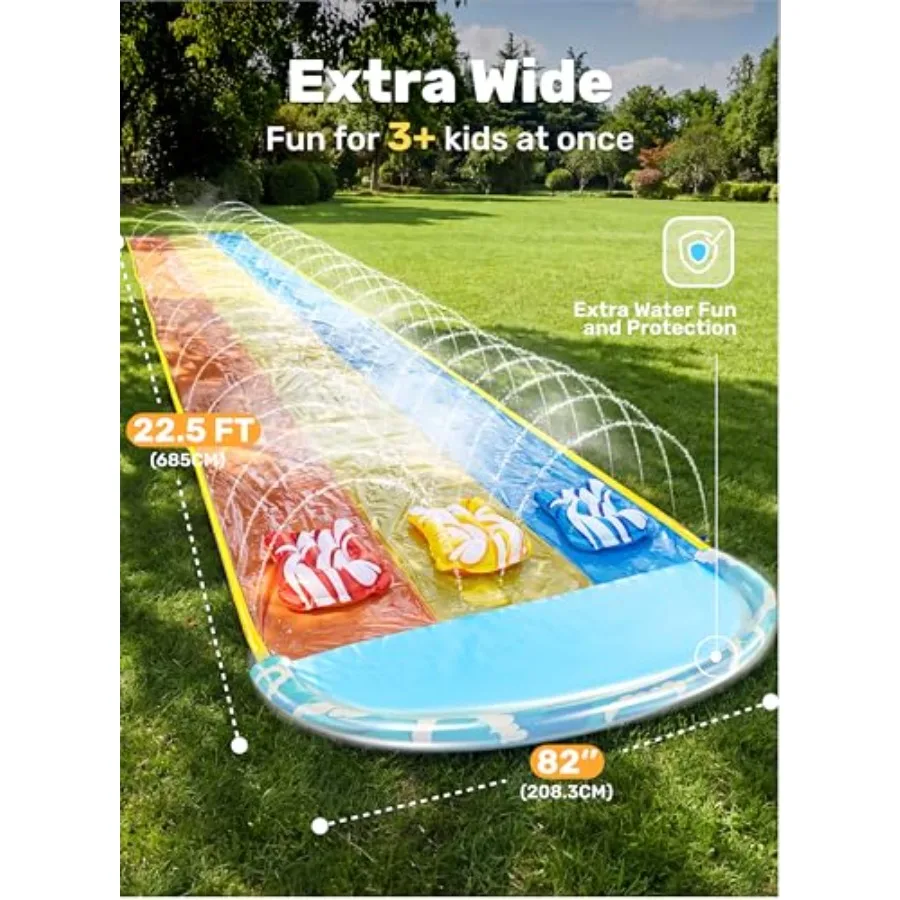 Backyard summer outdoor water slide for kids and adults: 22.5ft x 82in wave-patterned heavy-duty PVC blue includes 3 body board