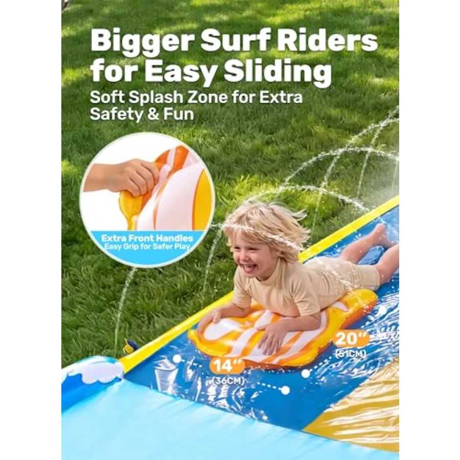 Backyard summer outdoor water slide for kids and adults: 22.5ft x 82in wave-patterned heavy-duty PVC blue includes 3 body board