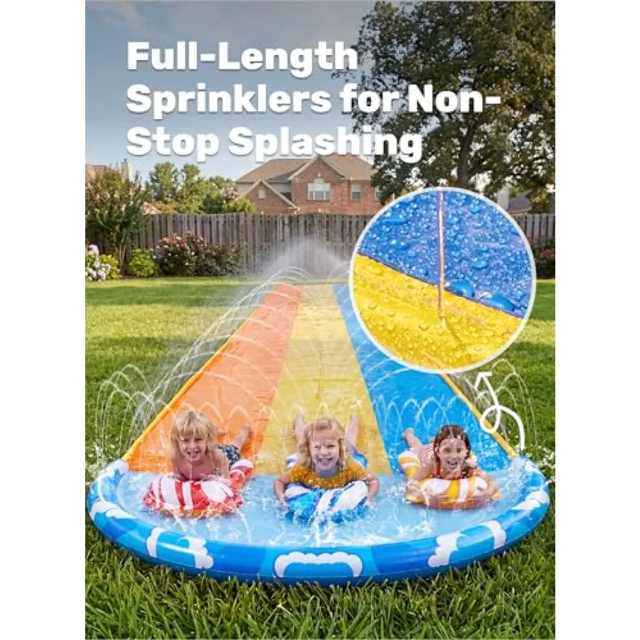 Backyard summer outdoor water slide for kids and adults: 22.5ft x 82in wave-patterned heavy-duty PVC blue includes 3 body board