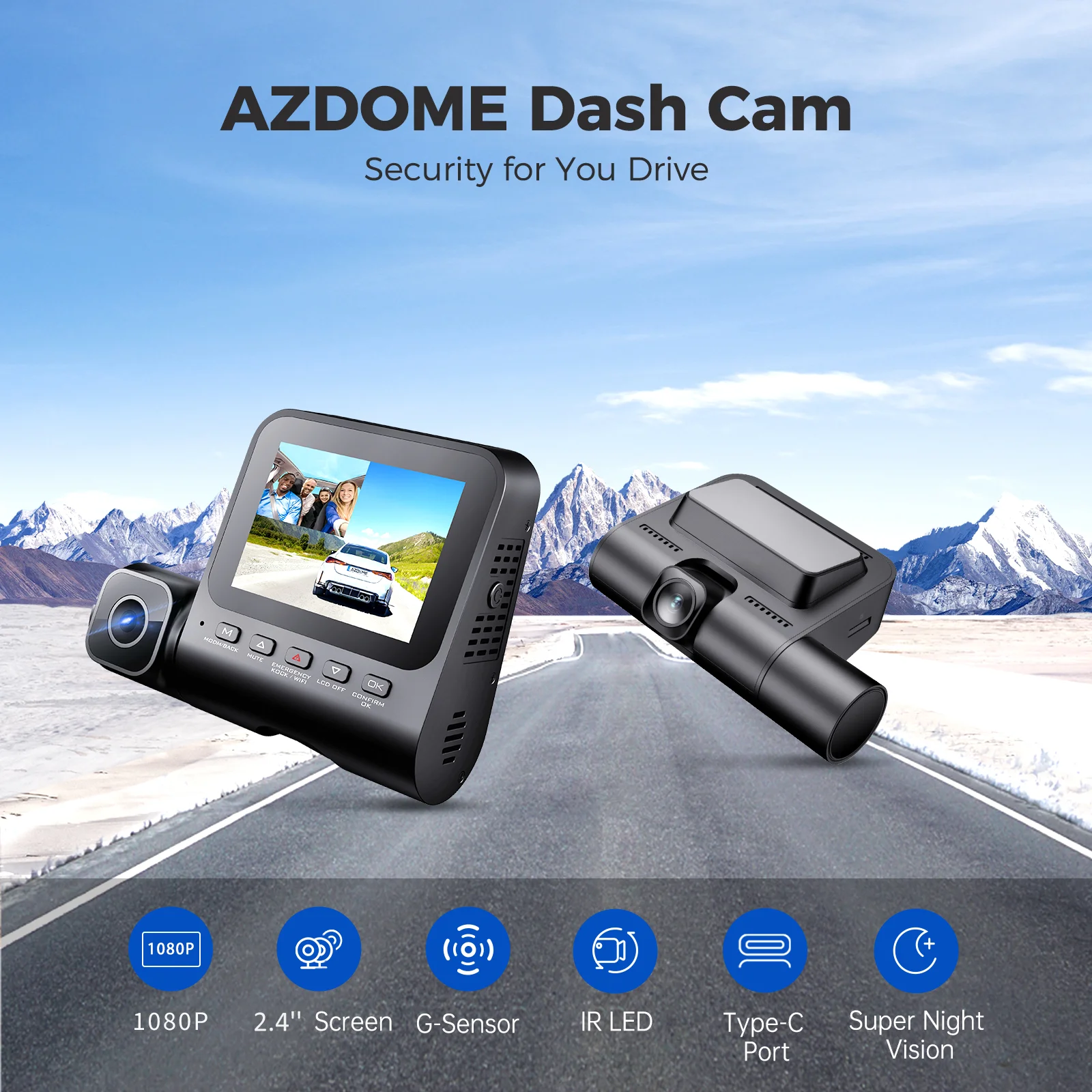【US Warehouses】AZDOME Dash Cam V600 2.4" Screen 2x1080P+480P Car Camera G-Sensor Super Night Vision Car DVR 24H Parking Mode Support Rear Cam