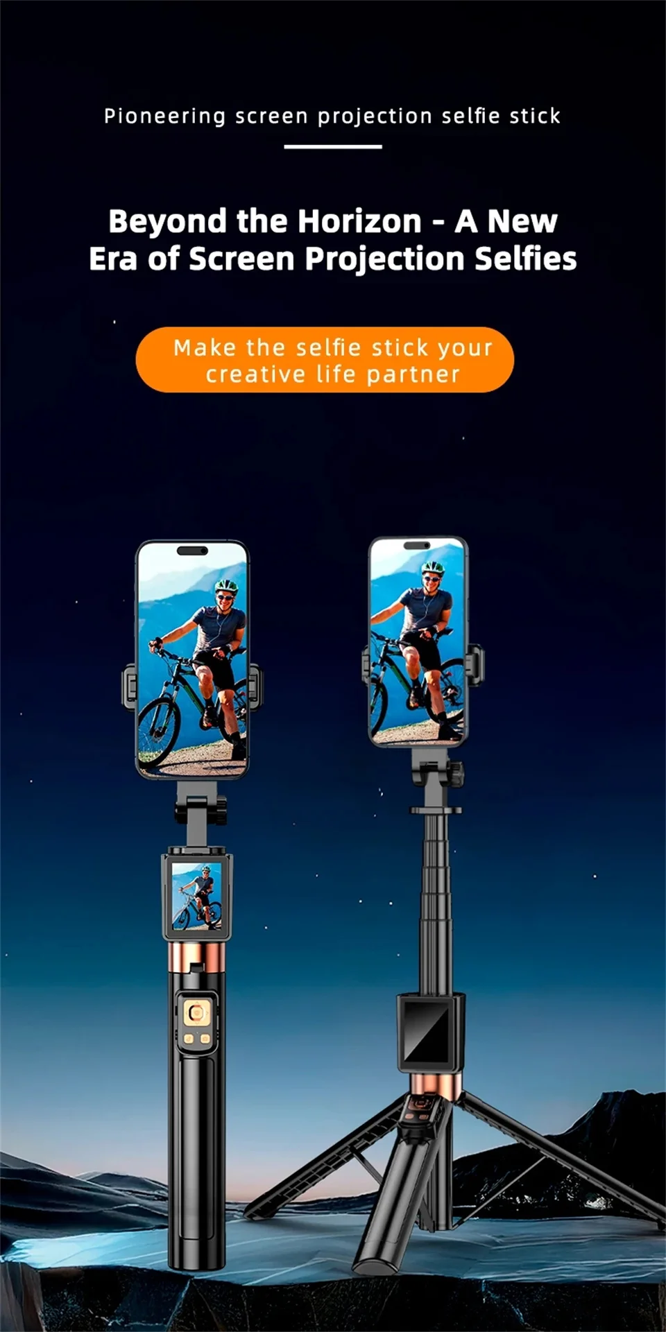 Wireless Selfie Stick Tripod Stand with Remote and Small Screen Casting Selfie Monitor for Smartphone Selfie Live Streaming