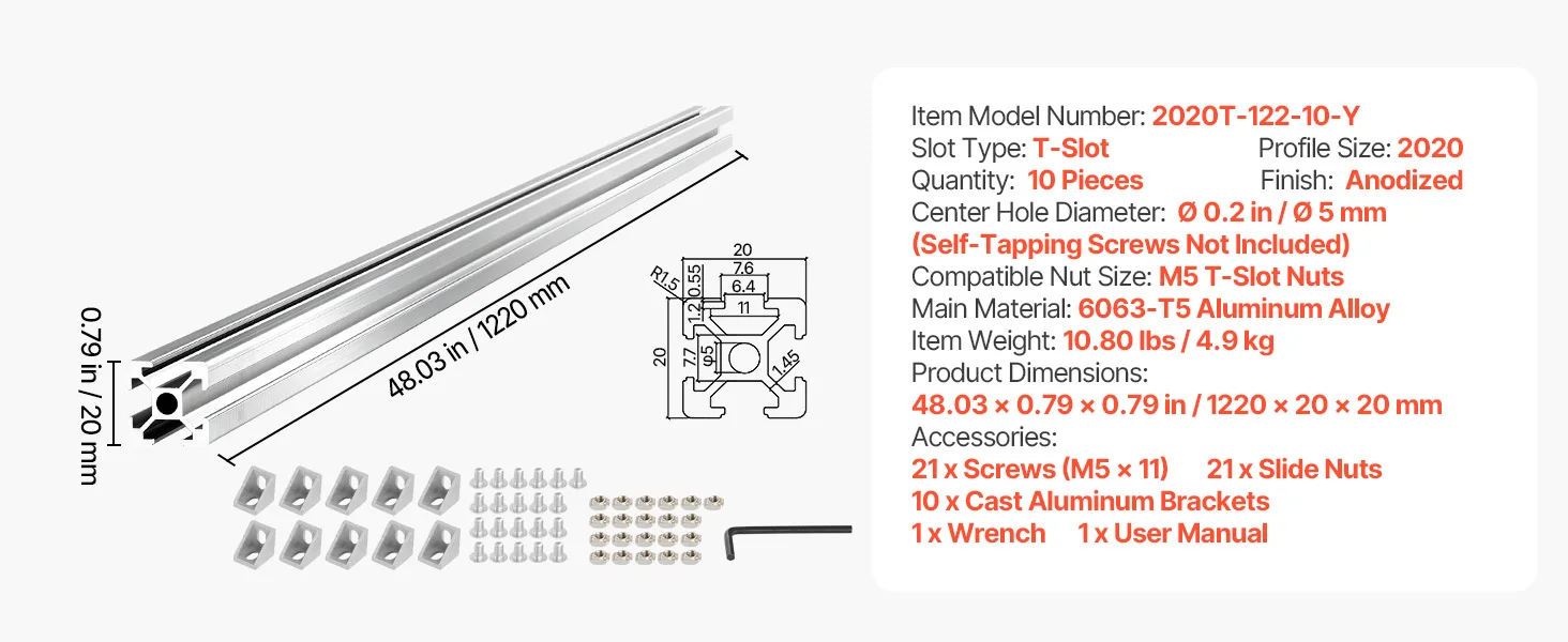 SucceBuy 2020/3030/4040/4080 Aluminum Extrusion Profile T Slot European Standard Anodized Linear Rail, High-Strength Extruded Aluminum Rail for 3D Printer Parts and CNC DIY Workbench