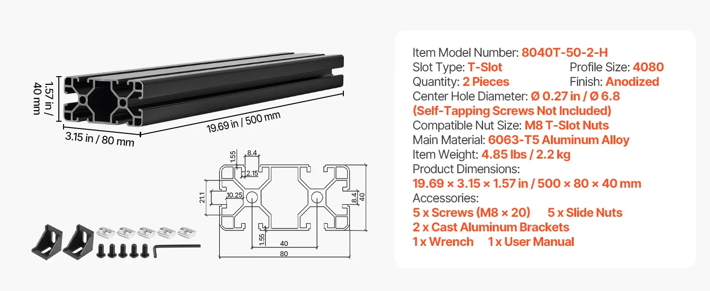 SucceBuy 2020/3030/4040/4080 Aluminum Extrusion Profile T Slot European Standard Anodized Linear Rail, High-Strength Extruded Aluminum Rail for 3D Printer Parts and CNC DIY Workbench