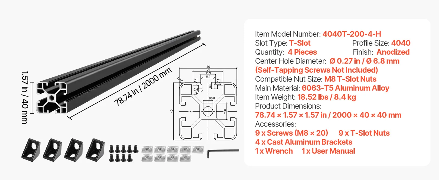 SucceBuy 2020/3030/4040/4080 Aluminum Extrusion Profile T Slot European Standard Anodized Linear Rail, High-Strength Extruded Aluminum Rail for 3D Printer Parts and CNC DIY Workbench