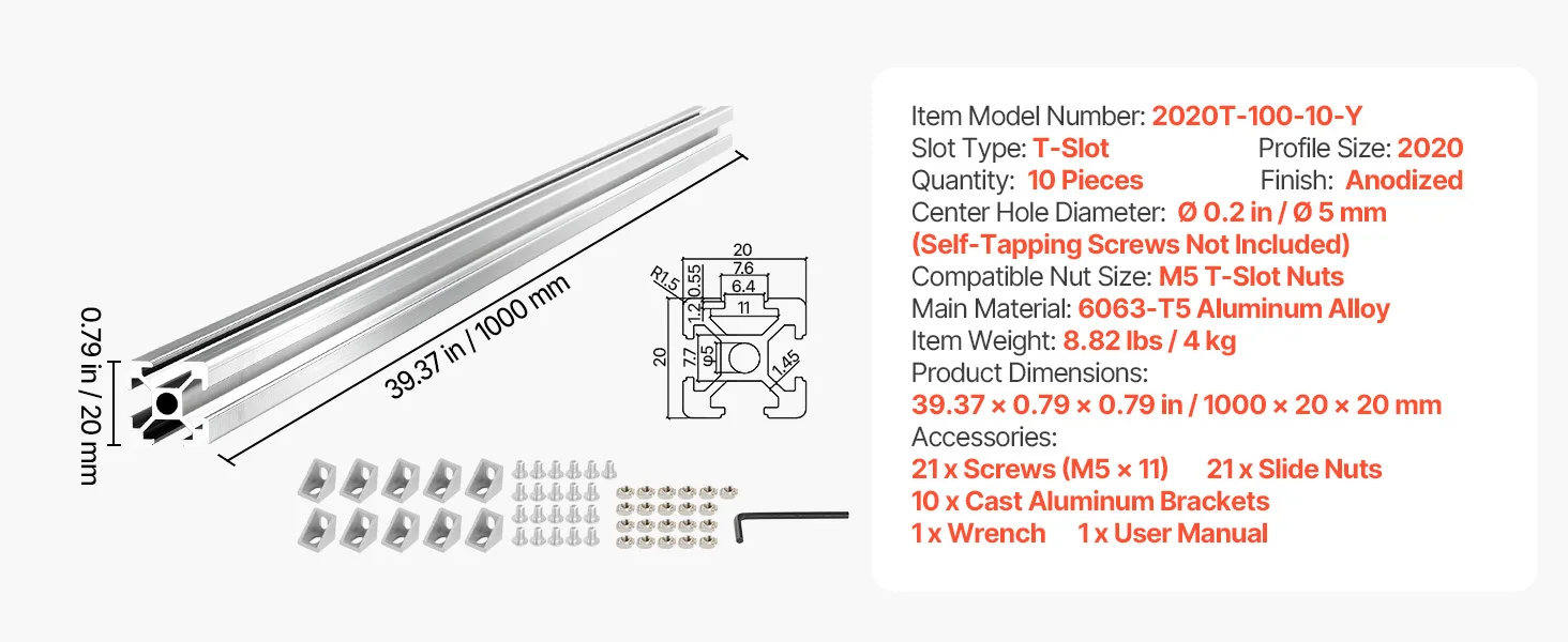 SucceBuy 2020/3030/4040/4080 Aluminum Extrusion Profile T Slot European Standard Anodized Linear Rail, High-Strength Extruded Aluminum Rail for 3D Printer Parts and CNC DIY Workbench