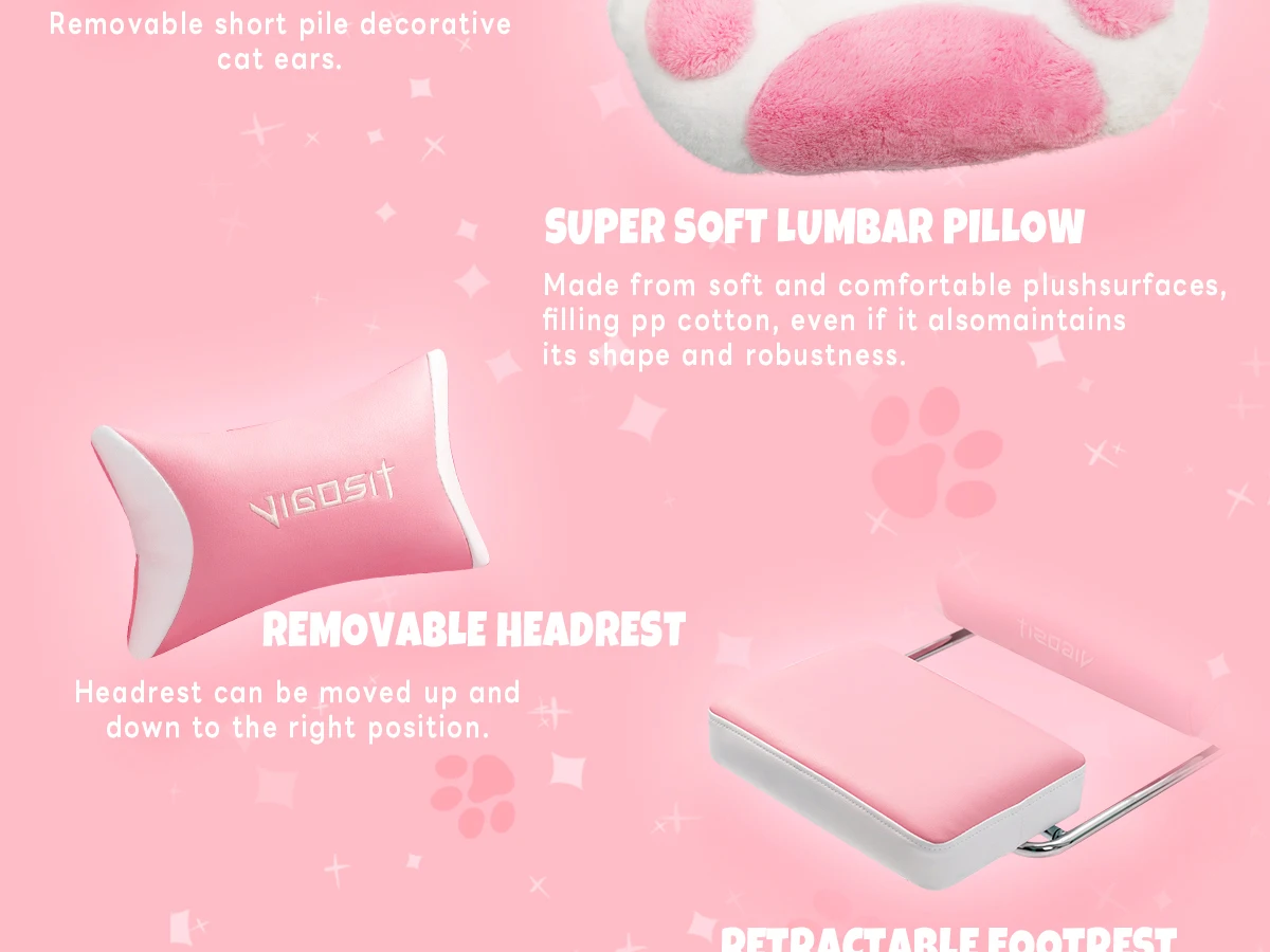 Vigosit Gaming Chair Cute Ears and Kawaii Pillow Ergonomic Computer Game Chair for Girls with Lumbar Support