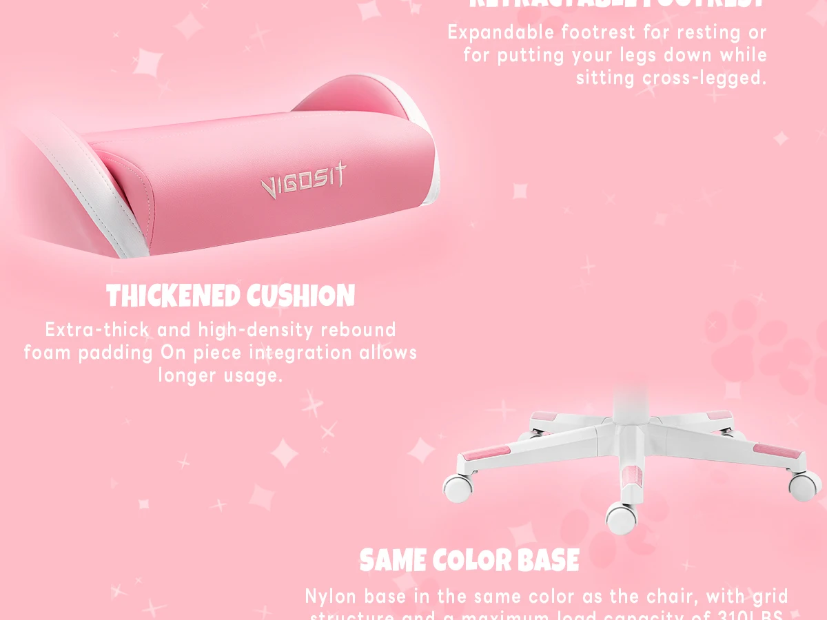 Vigosit Gaming Chair Cute Ears and Kawaii Pillow Ergonomic Computer Game Chair for Girls with Lumbar Support