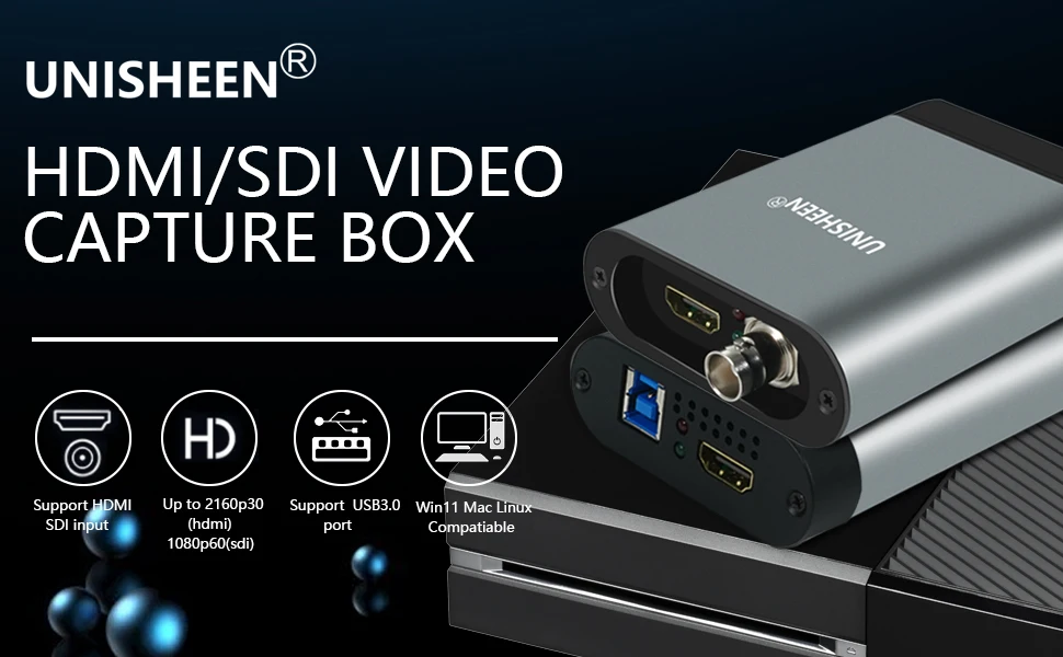 UNISHEEN 4K30 Video Capture Card Box Grabber Dongle Adapter USB Portable 60FPS SDI HDMI for Win11 Linux Mac with Free Driver