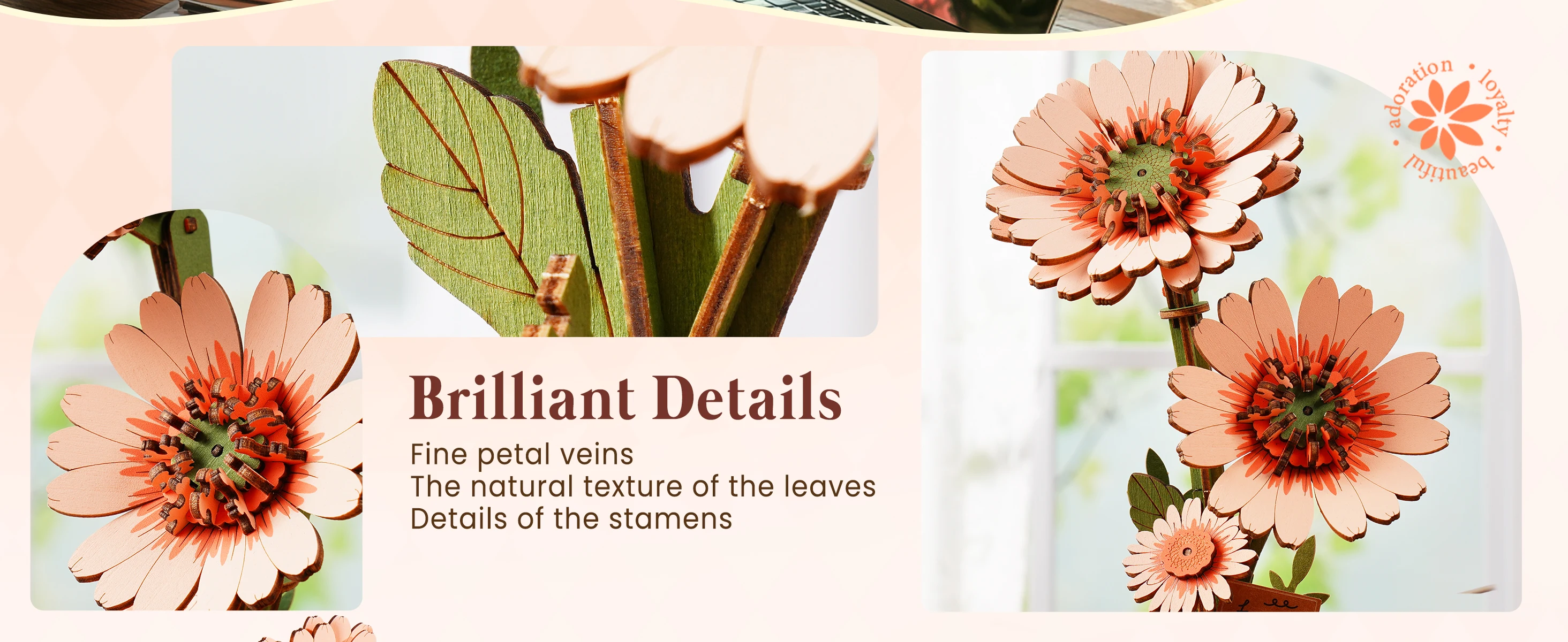 Rolife Wooden 3D Puzzle Orange Gerbera Daisy Artificial Flower DIY Model Building Kit for Bookshelf Decor Mother's Day Gift