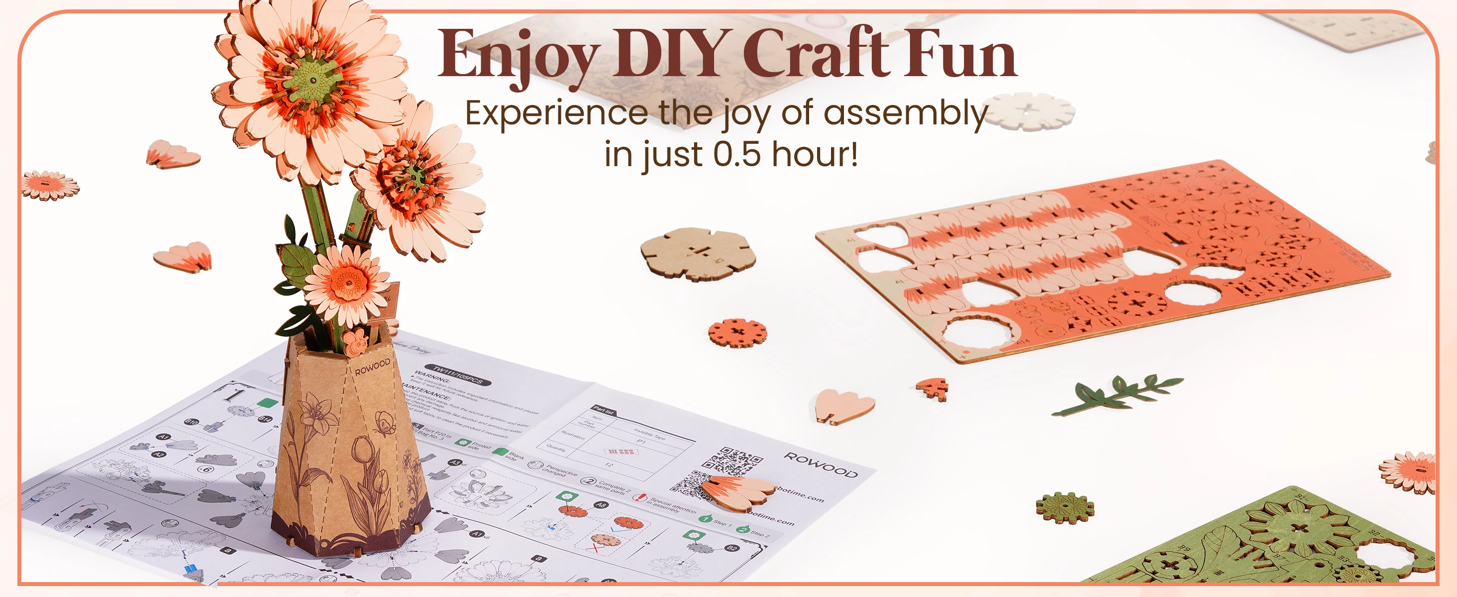 Rolife Wooden 3D Puzzle Orange Gerbera Daisy Artificial Flower DIY Model Building Kit for Bookshelf Decor Mother's Day Gift