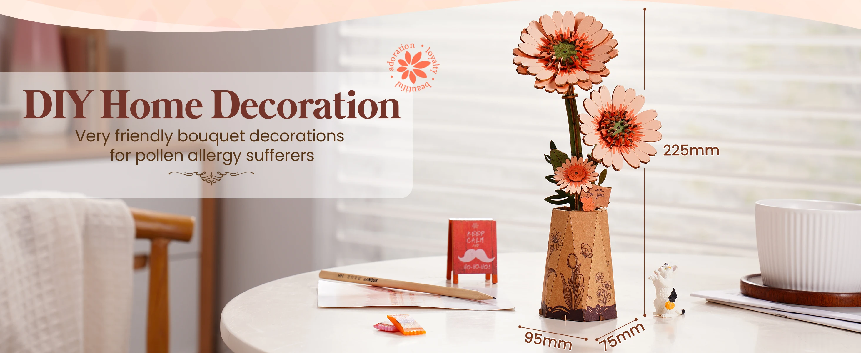 Rolife Wooden 3D Puzzle Orange Gerbera Daisy Artificial Flower DIY Model Building Kit for Bookshelf Decor Mother's Day Gift