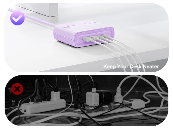 ORICO Power Brick Max 25W GaN Power Strip 8-in-1 Desktop Charging Station with 4 AC Outlets 2 USB-C 2 USB-A 5ft Extension Cord 45° Ultra Thin Flat Plug for Travel Office Home