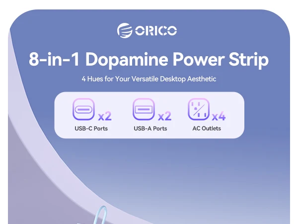 ORICO Power Brick Max 25W GaN Power Strip 8-in-1 Desktop Charging Station with 4 AC Outlets 2 USB-C 2 USB-A 5ft Extension Cord 45° Ultra Thin Flat Plug for Travel Office Home
