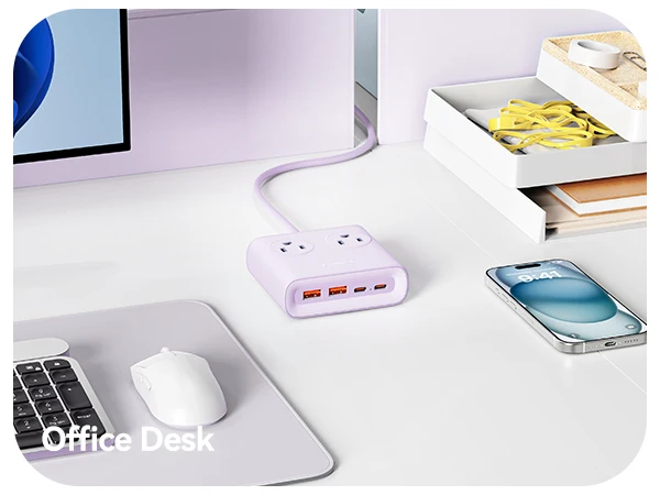 ORICO Power Brick Max 25W GaN Power Strip 8-in-1 Desktop Charging Station with 4 AC Outlets 2 USB-C 2 USB-A 5ft Extension Cord 45° Ultra Thin Flat Plug for Travel Office Home