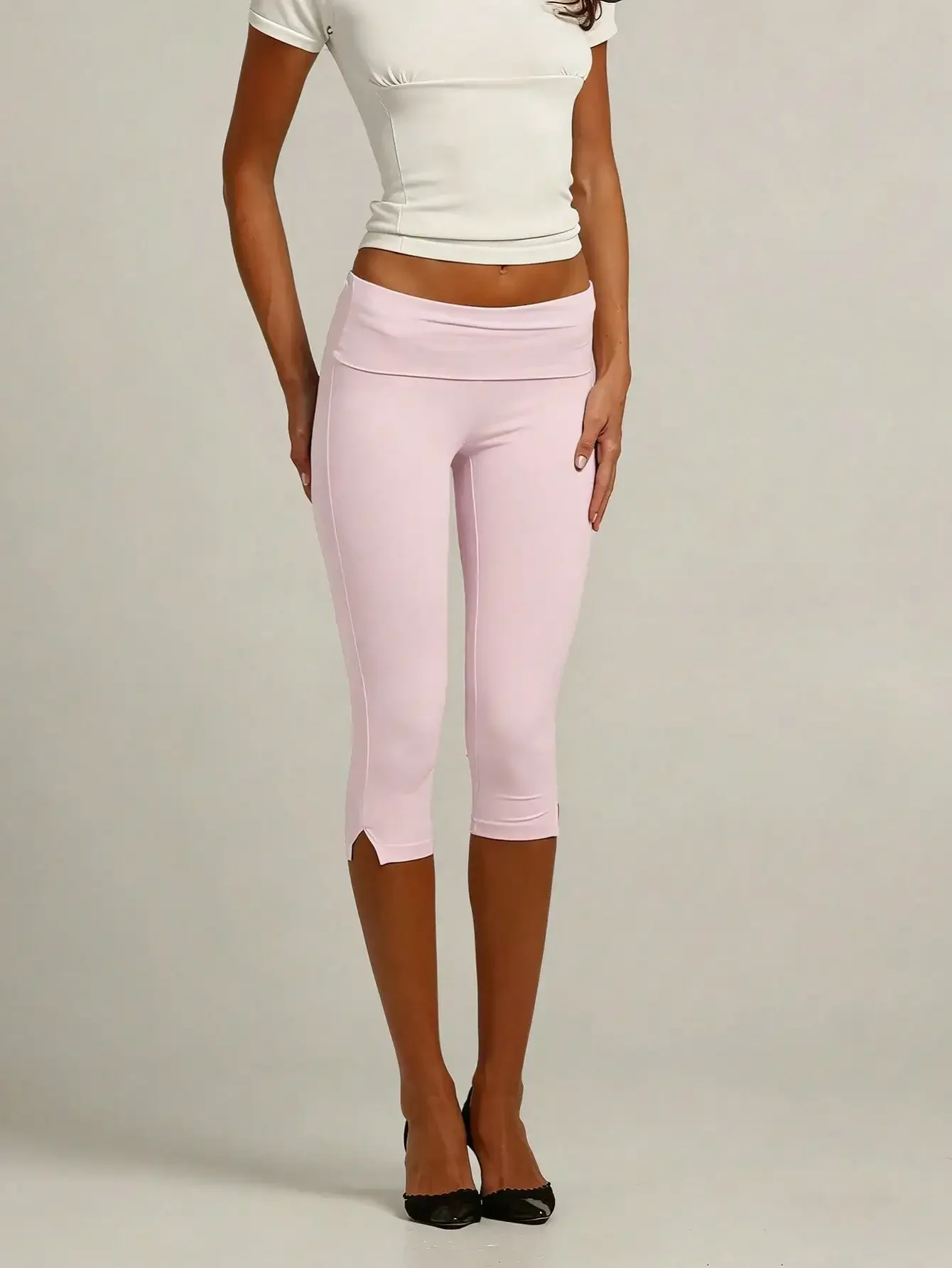 Women's Y2K Low Waist White Capri Leggings Fold Over Waistband Split Hem Solid Color Slim Fit Stretchy Cropped Leggings Buttery