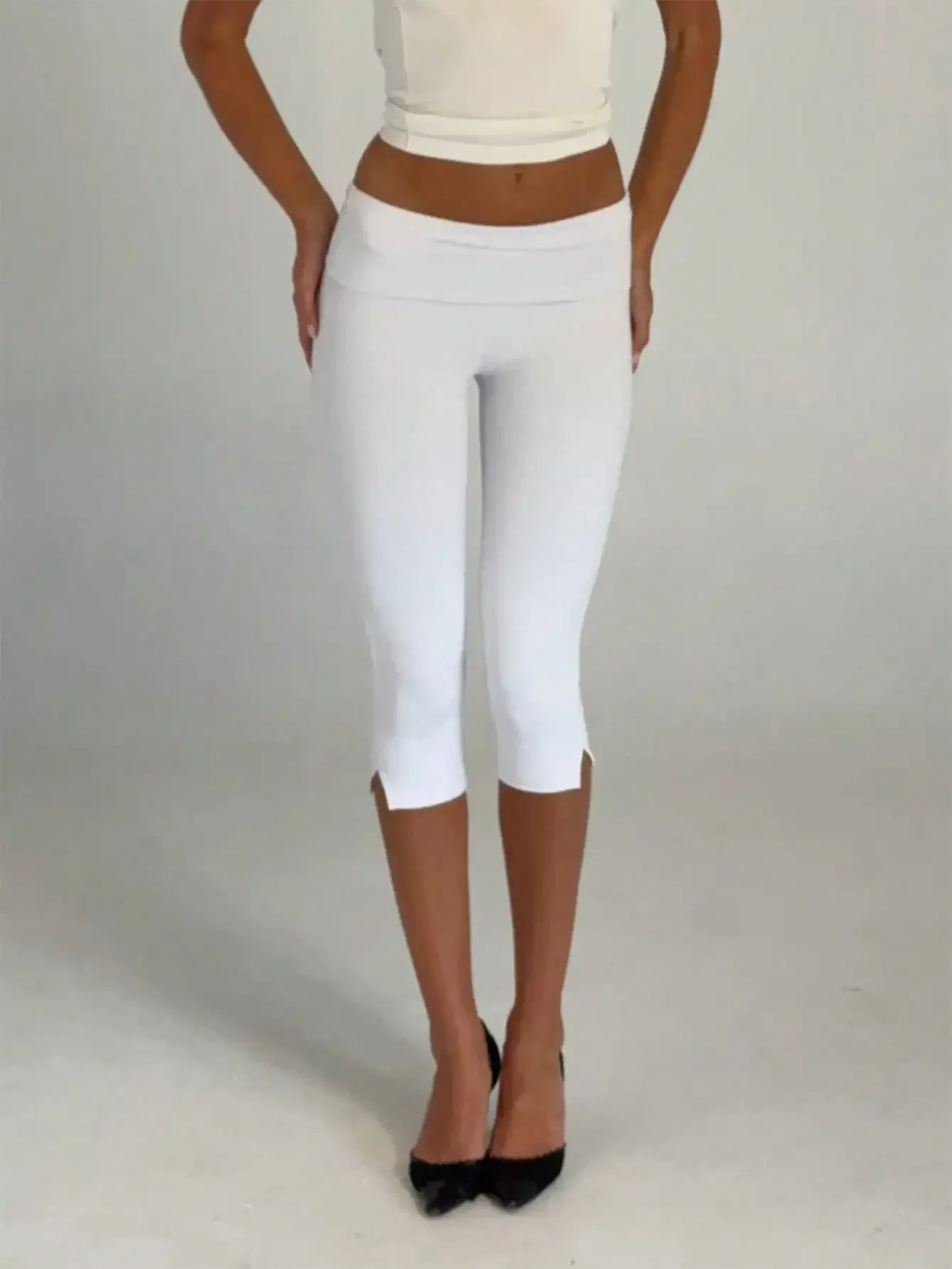 Women's Y2K Low Waist White Capri Leggings Fold Over Waistband Split Hem Solid Color Slim Fit Stretchy Cropped Leggings Buttery