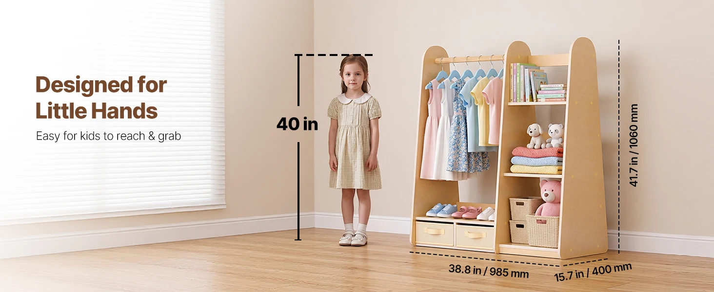 SucceBuy Kids Wooden Dress Up Storage with Mirror Children Dress Up Rack Toddler Wardrobe Closet for Girls Bedroom Home Storage
