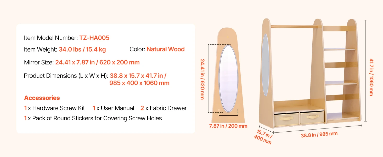 SucceBuy Kids Wooden Dress Up Storage with Mirror Children Dress Up Rack Toddler Wardrobe Closet for Girls Bedroom Home Storage