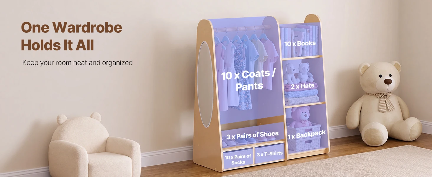 SucceBuy Kids Wooden Dress Up Storage with Mirror Children Dress Up Rack Toddler Wardrobe Closet for Girls Bedroom Home Storage