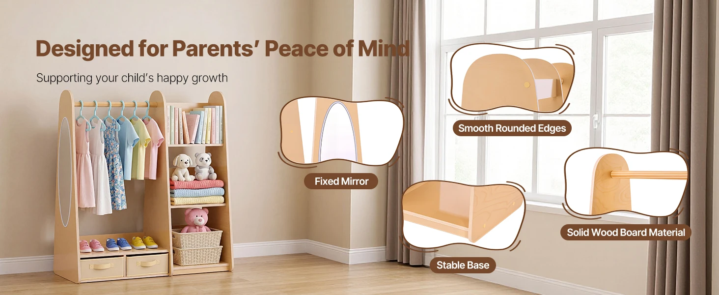 SucceBuy Kids Wooden Dress Up Storage with Mirror Children Dress Up Rack Toddler Wardrobe Closet for Girls Bedroom Home Storage