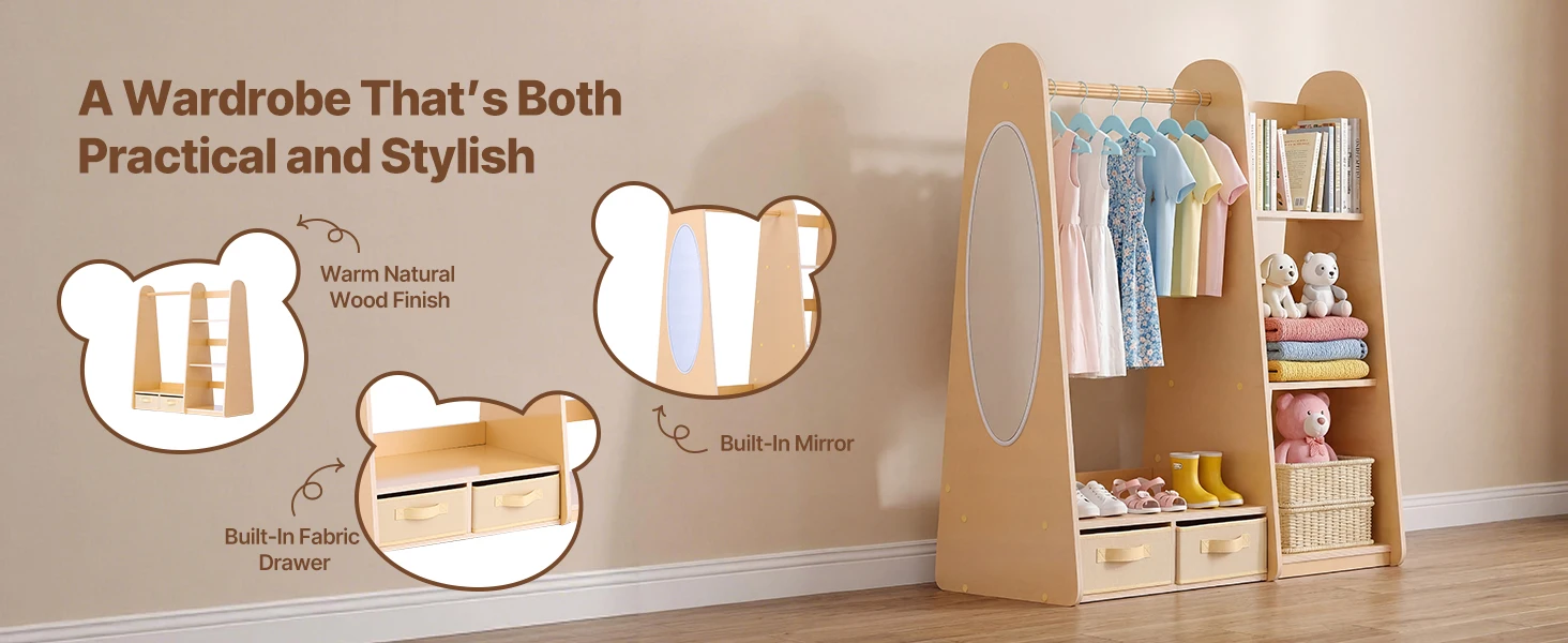 SucceBuy Kids Wooden Dress Up Storage with Mirror Children Dress Up Rack Toddler Wardrobe Closet for Girls Bedroom Home Storage