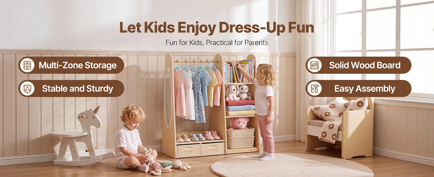 SucceBuy Kids Wooden Dress Up Storage with Mirror Children Dress Up Rack Toddler Wardrobe Closet for Girls Bedroom Home Storage