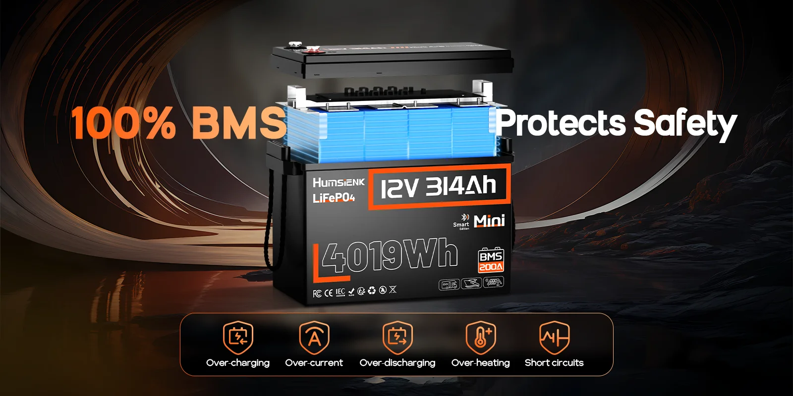 Humsienk 12V 314Ah LiFePO4 Battery, Capacity 4019Wh, Size MINI, Built-in Bluetooth & 200A BMS, 15000+ Deep Cycle, Low-Temp Protection For Fishing, Portable Power Station, Golf Cart, Boat, Marine, Off-Grid, Solar, 5-Year Warranty