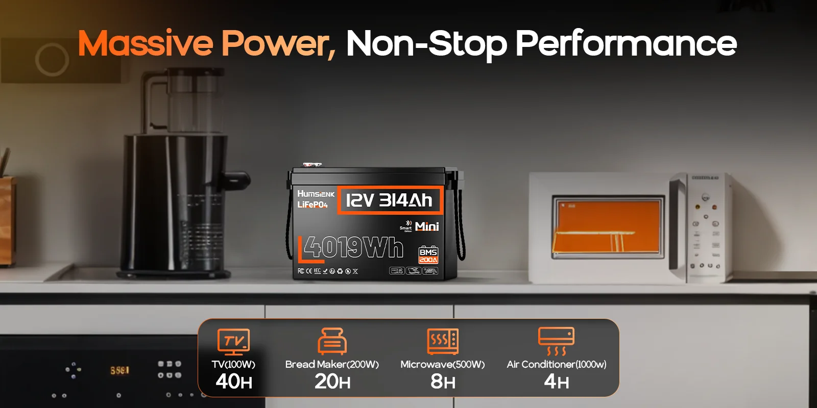 Humsienk 12V 314Ah LiFePO4 Battery, Capacity 4019Wh, Size MINI, Built-in Bluetooth & 200A BMS, 15000+ Deep Cycle, Low-Temp Protection For Fishing, Portable Power Station, Golf Cart, Boat, Marine, Off-Grid, Solar, 5-Year Warranty